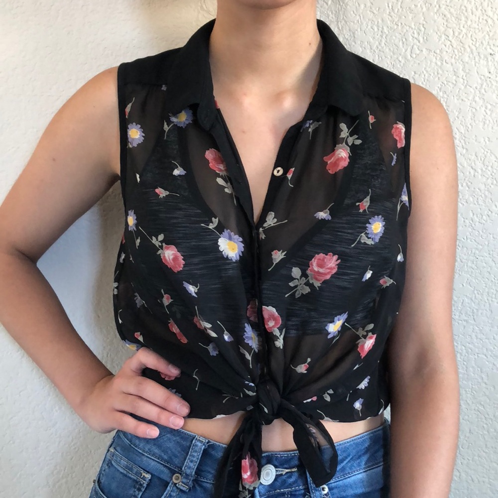 Black Sheer Floral Button Front Blouse